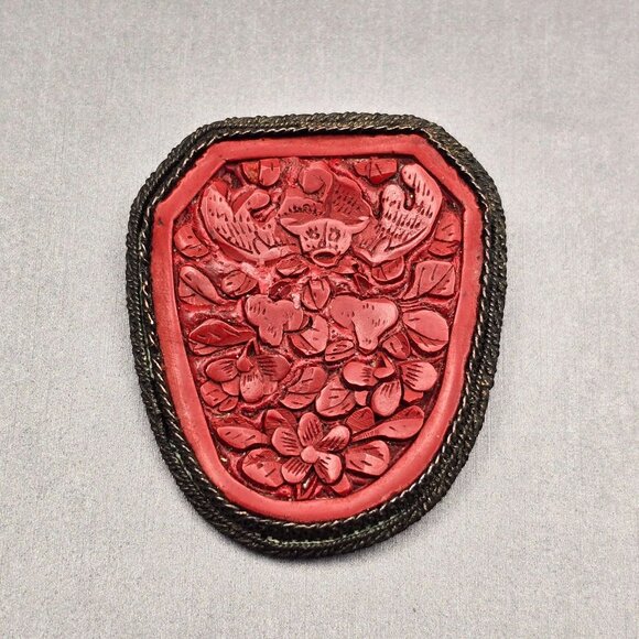 Estate Jewelry - VTG Red Cinnabar Floral Carved Brooch Pin Silver Filigree & Rope Edge China